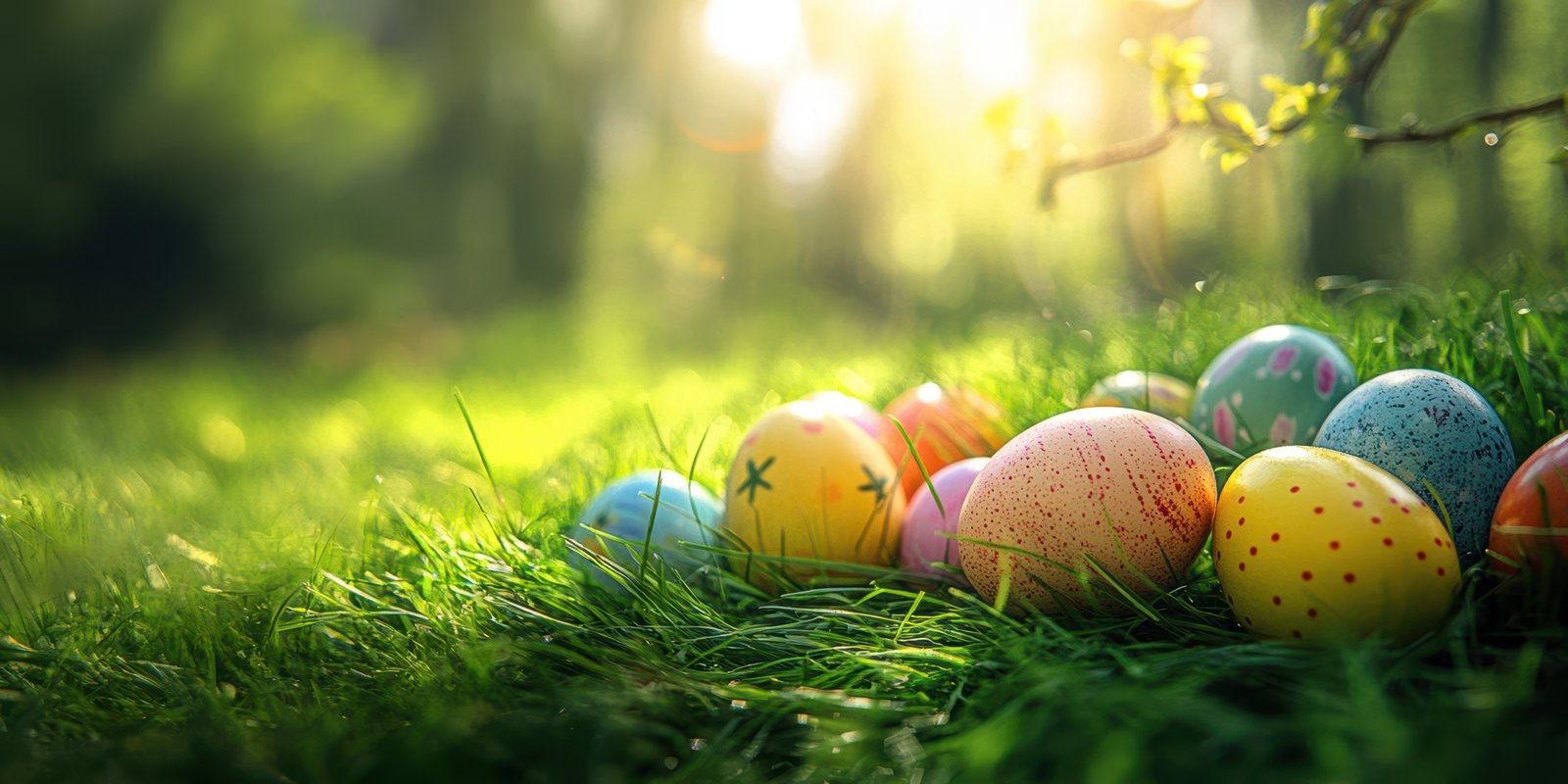 Colorful Easter eggs hidden among vibrant green grass in a sunlit forest clearing during the spring season
